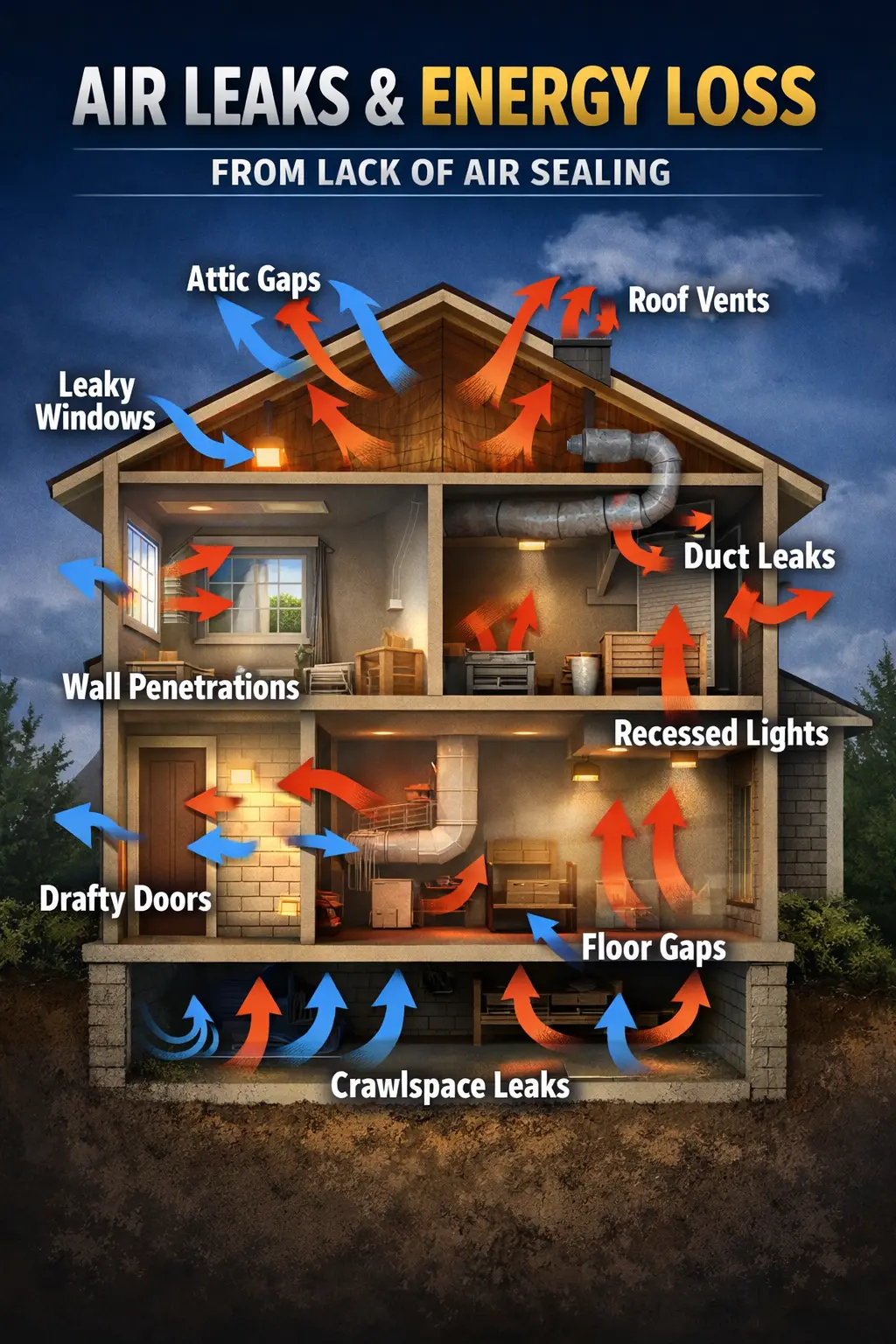 Air leaks & energy loss from lack of air sealing. Cross section of a house with arrows pointing to areas where air leaks most often occur.